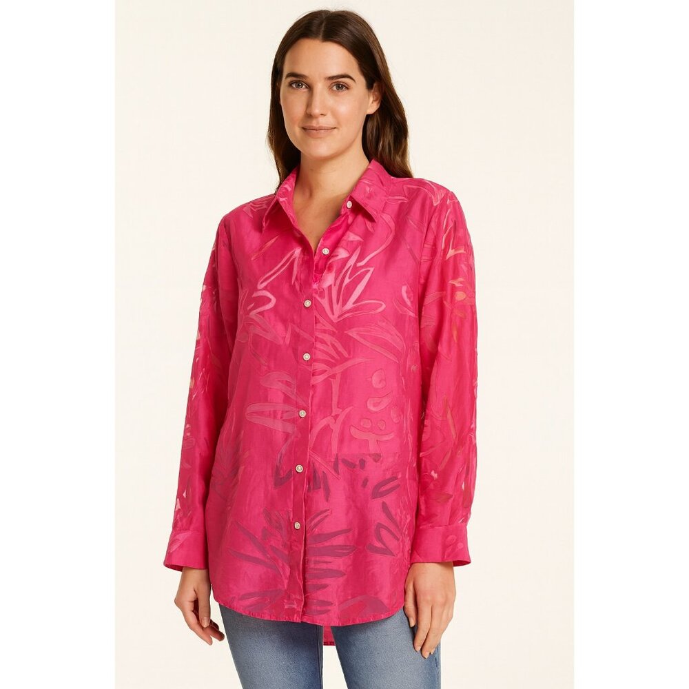 Chico’s Size 1 (M/8) Pink Button Front Sheer Blouse LS Floral Burnout Shirt - Picture 1 of 11
